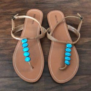 Merona Turquoise Cognac T-Strap Sandals